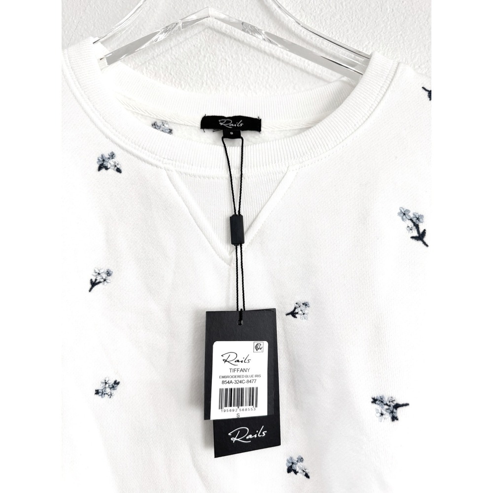 Rails Tiffany Floral Embroidered Puff-Sleeve Sweatshirt in White/Blue Iris - Picture 4 of 5